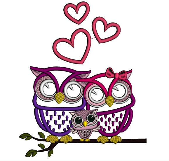 Owl Family Sitting on a Tree Branch With Hearts Applique Machine Embroidery Design Digitized Pattern