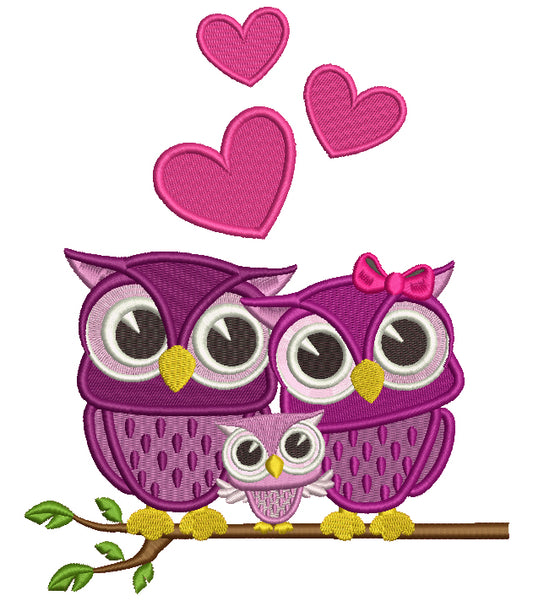 Owl Family Sitting on a Tree Branch With Hearts Filled Machine Embroidery Design Digitized Pattern