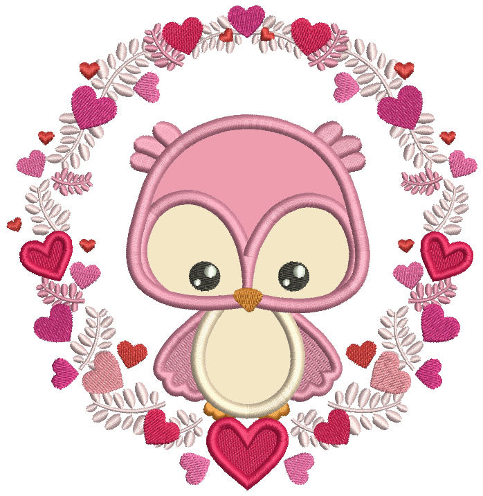 Owl Inside Wreath With Hearts Valentine's Day Applique Machine Embroidery Design Digitized Pattern