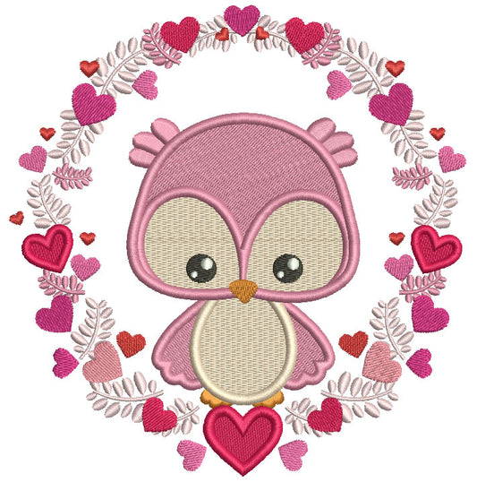 Owl Inside Wreath With Hearts Valentine's Day Filled Machine Embroidery Design Digitized Pattern
