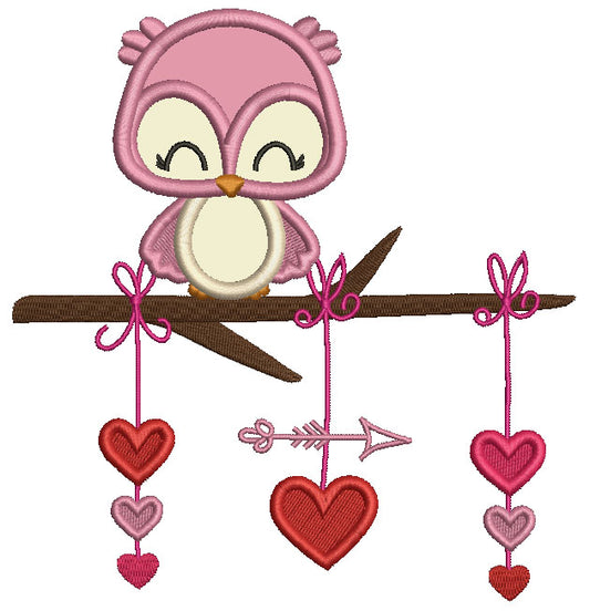 Owl On The Branch With Hearts and Arrow Valentine's Day Applique Machine Embroidery Design Digitized Pattern