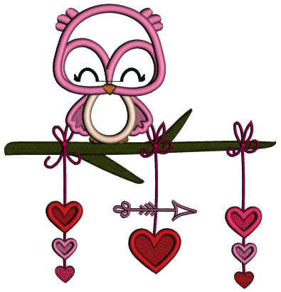 Owl On The Branch With Hearts and Arrow Valentine's Day Applique Machine Embroidery Design Digitized Pattern