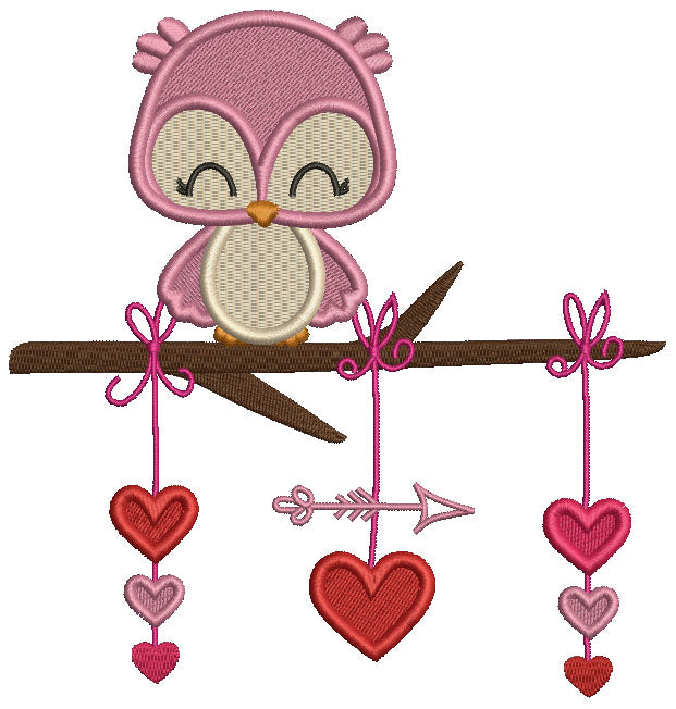 Owl On The Branch With Hearts and Arrow Valentine's Day Filled Machine Embroidery Design Digitized Pattern