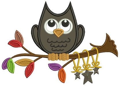 Owl Sitting On A Branch With Stars Fall Applique Machine Embroidery Design Digitized Pattern