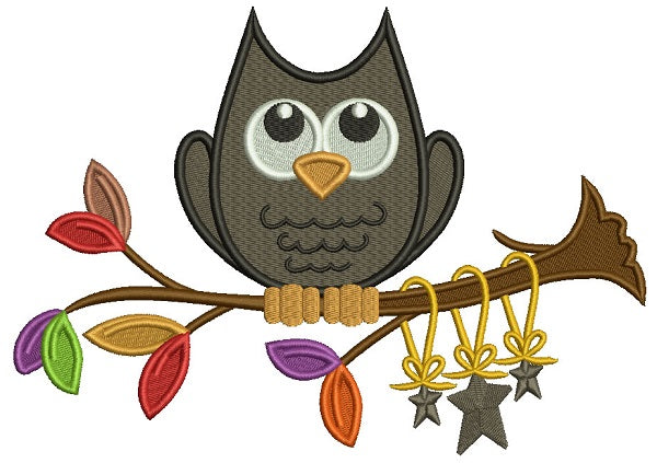 Owl Sitting On A Branch With Stars Fall Filled Machine Embroidery Design Digitized Pattern