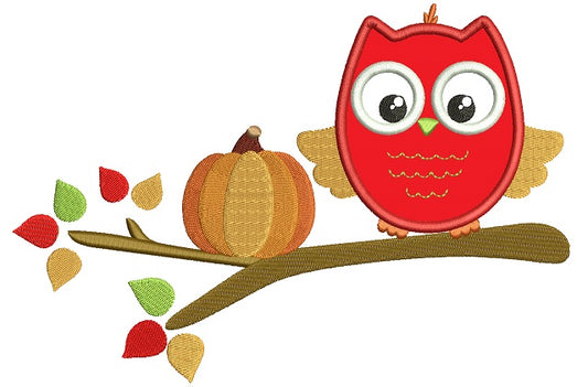 Owl Sitting On The Branch With Pumpkin Fall Applique Machine Embroidery Design Digitized Pattern