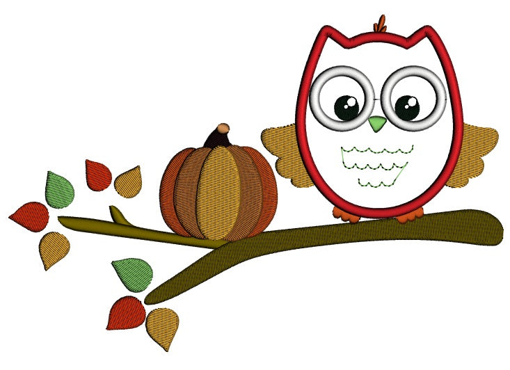 Owl Sitting On The Branch With Pumpkin Fall Applique Machine Embroidery Design Digitized Pattern