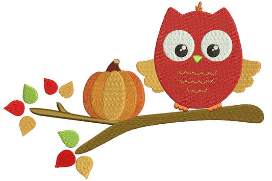 Owl Sitting On The Branch With Pumpkin Fall Filled Machine Embroidery Design Digitized Pattern