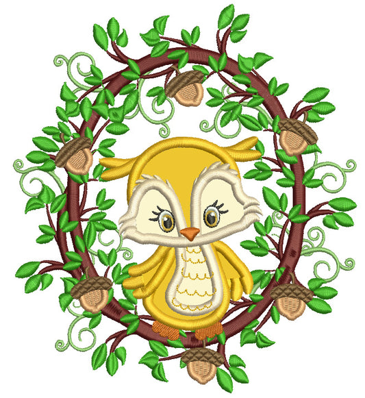 Owl Sitting On a Wreath WIth Acorns Fall Applique Machine Embroidery Design Digitized Pattern