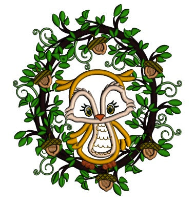 Owl Sitting On a Wreath WIth Acorns Fall Applique Machine Embroidery Design Digitized Pattern