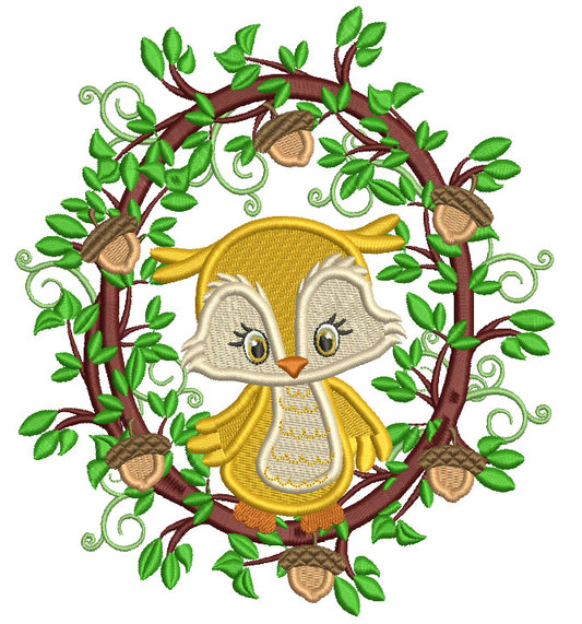 Owl Sitting On a Wreath WIth Acorns Fall Filled Machine Embroidery Design Digitized Pattern