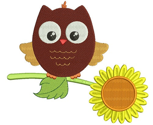 Owl Sitting on Sunflower Filled Machine Embroidery Design Digitized Pattern