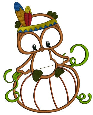 Owl That Looks Like Indian Sitting on a Pumpkin Thanksgiving Applique Machine Embroidery Digitized Design Pattern