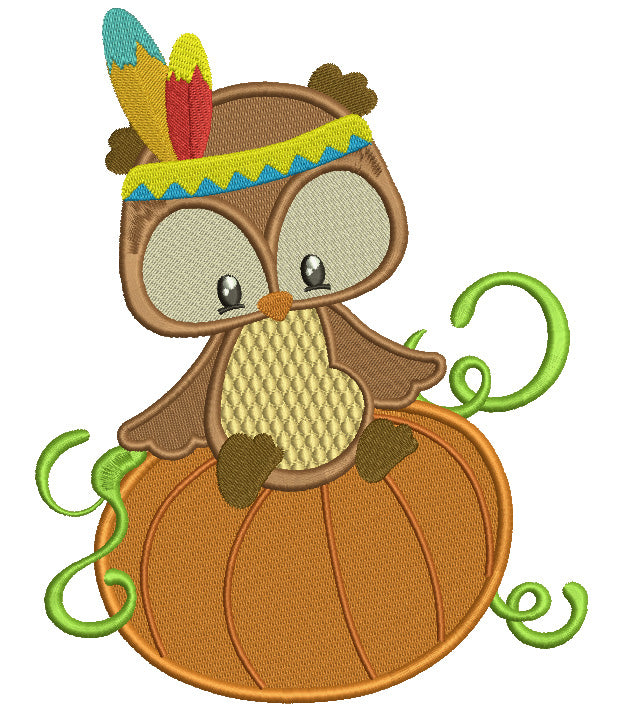 Owl That Looks Like Indian Sitting on a Pumpkin Thanksgiving Filled Machine Embroidery Digitized Design Pattern
