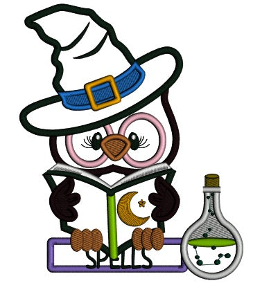 Owl WIzard Reading a Books With Spells Applique Halloween Machine Embroidery Design Digitized Pattern
