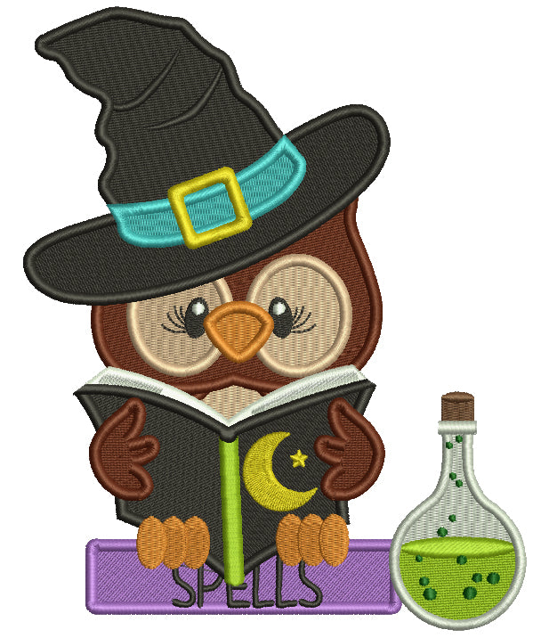 Owl WIzard Reading a Books With Spells Filled Halloween Machine Embroidery Design Digitized Pattern
