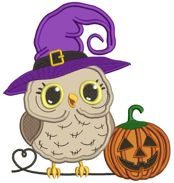 Owl Wearing Witch Hat With Pumpkin Halloween Applique Machine Embroidery Design Digitized Pattern