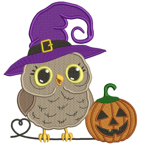 Owl Wearing Witch Hat With Pumpkin Halloween Filled Machine Embroidery Design Digitized Pattern