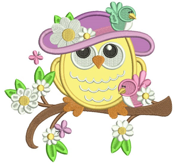 Owl Wearing Big Hat With Flowers Applique Machine Embroidery Design Digitized Pattern