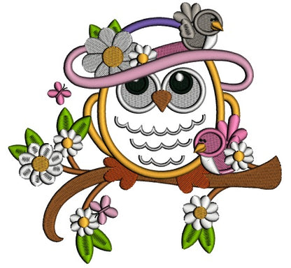 Owl Wearing Big Hat With Flowers Applique Machine Embroidery Design Digitized Pattern
