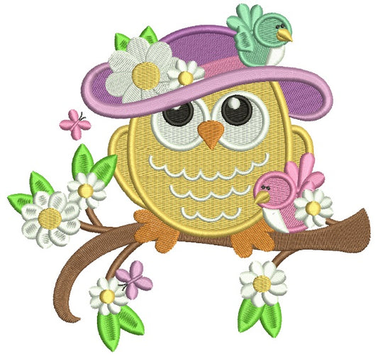 Owl Wearing Big Hat With Flowers Filled Machine Embroidery Design Digitized Pattern