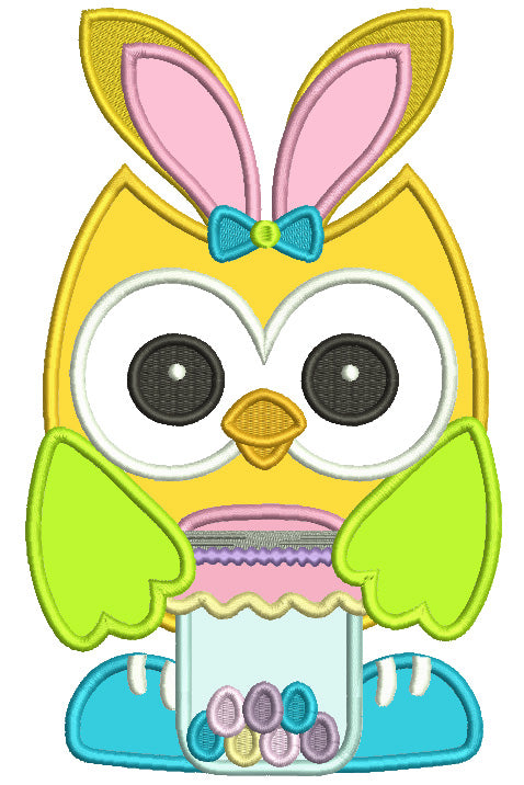 Owl Wearing Bunny Ears Holding Jar With Easter Eggs Applique Machine Embroidery Design Digitized Pattern