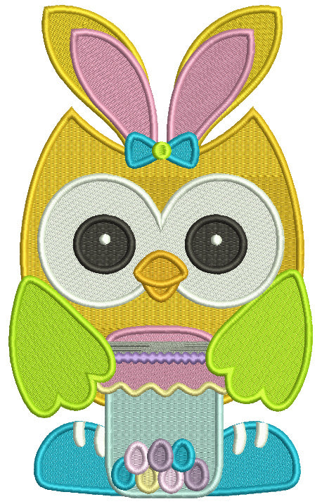 Owl Wearing Bunny Ears Holding Jar With Easter Eggs Filled Machine Embroidery Design Digitized Pattern