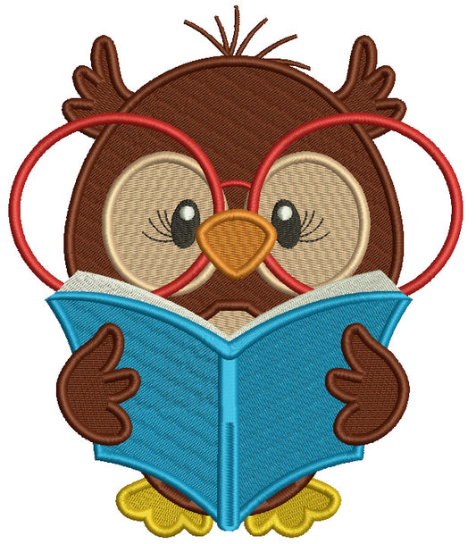 Owl Wearing Huge Glasses Reading a Book School Filled Machine Embroidery Design Digitized Pattern