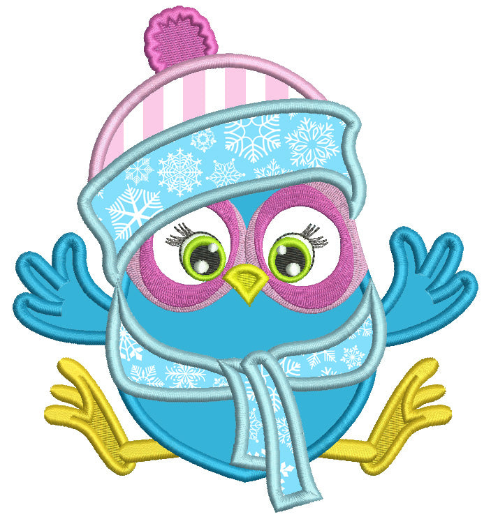 Owl Wearing Snow Hat And Scarf Christmas Applique Machine Embroidery Design Digitized Pattern