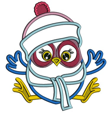 Owl Wearing Snow Hat And Scarf Christmas Applique Machine Embroidery Design Digitized Pattern