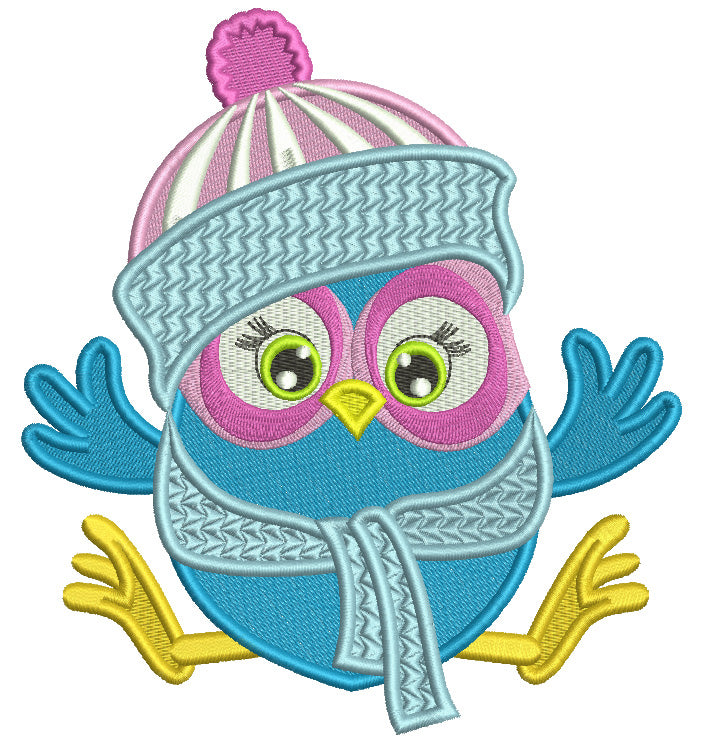 Owl Wearing Snow Hat And Scarf Christmas Filled Machine Embroidery Design Digitized Pattern