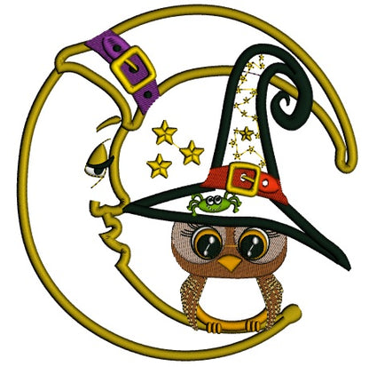 Owl Wearing Witch Hat Sitting On The Moon Halloween Applique Machine Embroidery Design Digitized Pattern