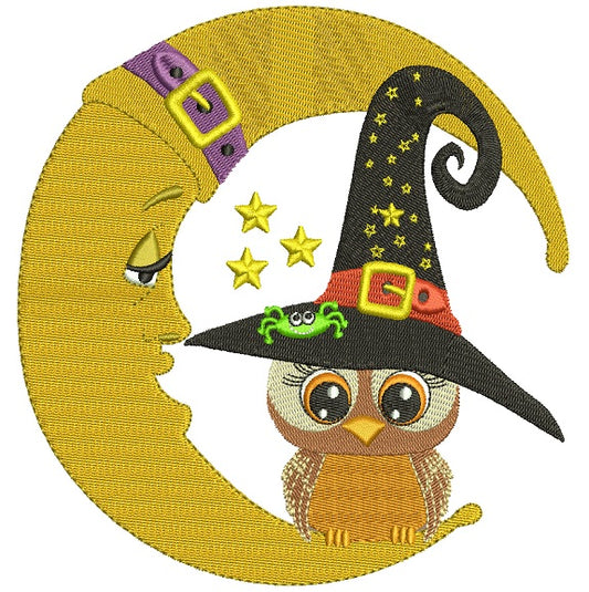 Owl Wearing Witch Hat Sitting On The Moon Halloween Filled Machine Embroidery Design Digitized Pattern