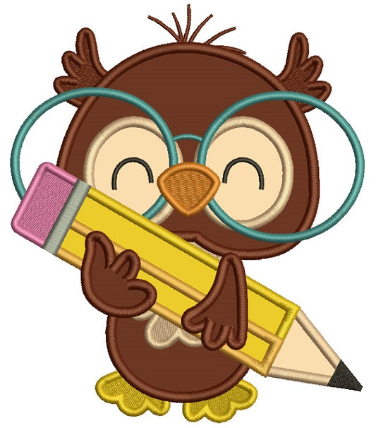 Owl With Big Glasses Holding a Pencil School Applique Machine Embroidery Design Digitized Pattern