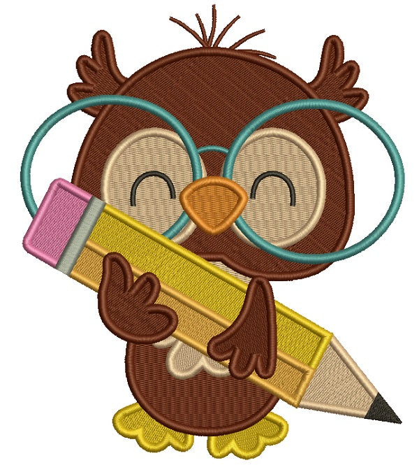 Owl With Big Glasses Holding a Pencil School Filled Machine Embroidery Design Digitized Pattern