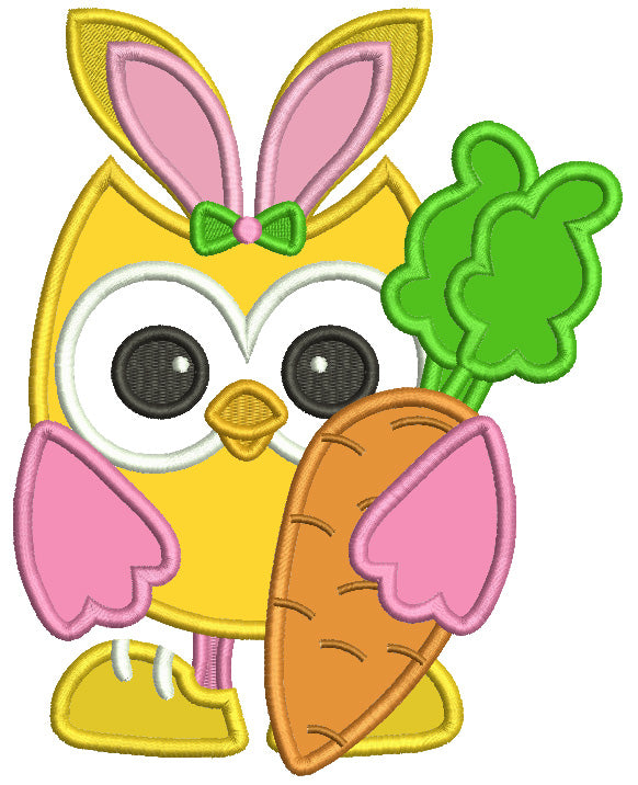 Owl With Bunny Ears Holding Carrot Easter Applique Machine Embroidery Design Digitized Pattern