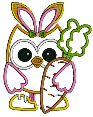 Owl With Bunny Ears Holding Carrot Easter Applique Machine Embroidery Design Digitized Pattern