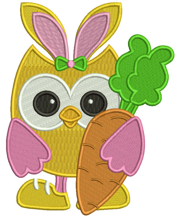 Owl With Bunny Ears Holding Carrot Easter Filled Machine Embroidery Design Digitized Pattern