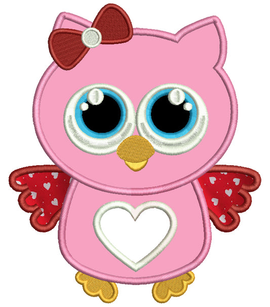 Owl With a Heart and a Big Hair Bow Applique Machine Embroidery Digitized Design Pattern