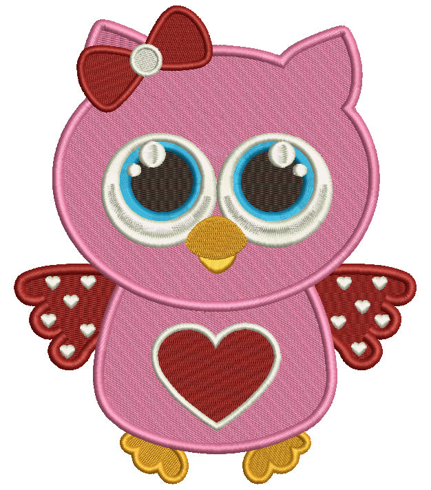 Owl With a Heart and a Big Hair Bow Filled Machine Embroidery Digitized Design Pattern