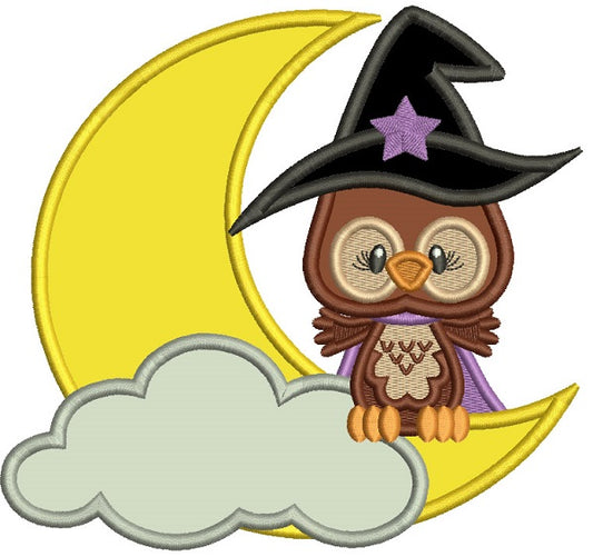 Owl Wizard Wearing Big Hat Sitting On The Moon Halloween Applique Machine Embroidery Design Digitized Pattern