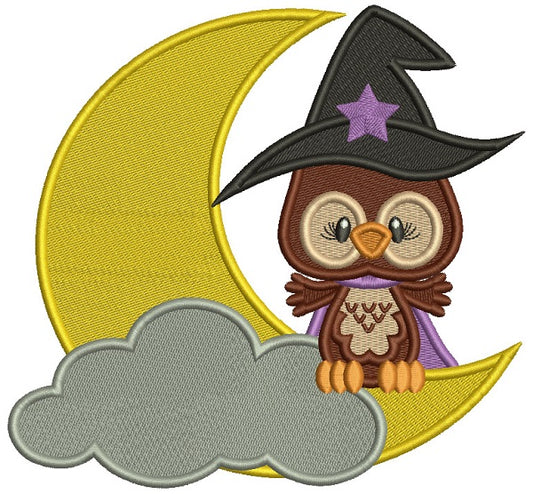 Owl Wizard Wearing Big Hat Sitting On The Moon Halloween Filled Machine Embroidery Design Digitized Pattern