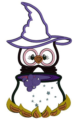 Owl Wizard With a Pot Applique Halloween Machine Embroidery Design Digitized Pattern