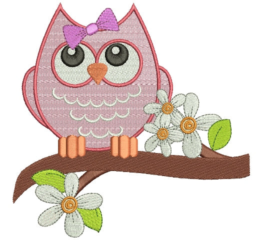 Owl on a big Branch Filled Machine Embroidery Digitized Design Pattern