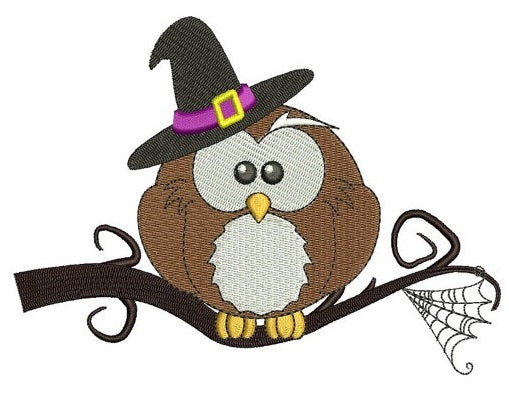 Owl wearing witch hat Halloween Machine Embroidery Digitized Filled Pattern - Instant Download - 4x4 , 5x7, 6x10