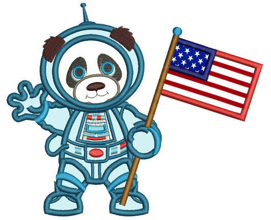 Panda Astronaut With American Flag Applique Machine Embroidery Design Digitized Pattern
