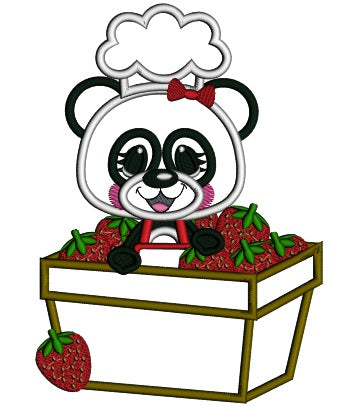 Panda Bear Sitting INside Basket With Strawberries Applique Machine Embroidery Design Digitized Pattern