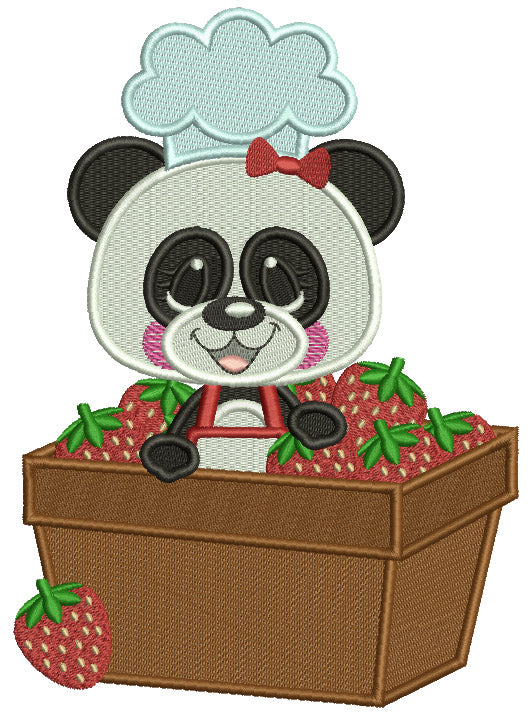 Panda Bear Sitting INside Basket With Strawberries Filled Machine Embroidery Design Digitized Pattern