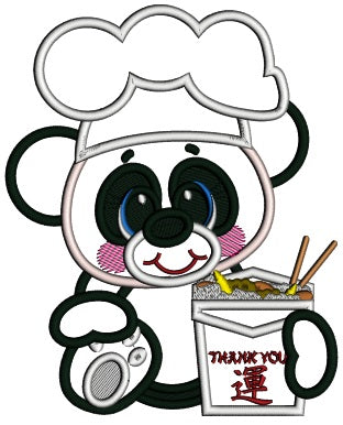 Panda Chef Eating With Chopsticks Applique Machine Embroidery Design Digitized Pattern