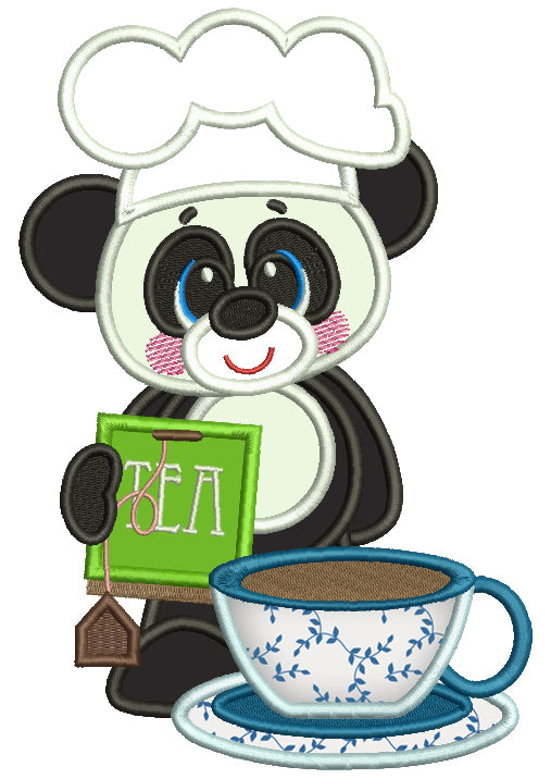 Panda Cook Holding Tea Bag Applique Machine Embroidery Design Digitized Pattern